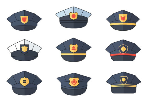 Collection of various police officer hat designs with badges and insignia
