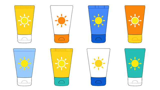 Colorful sunscreen lotion tubes set in simple vector style