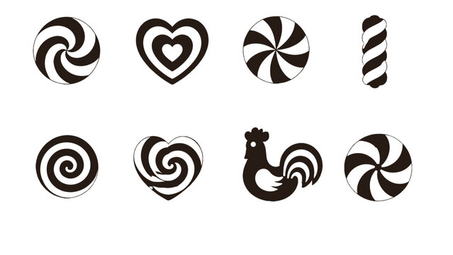 Set of black and white swirl lollipops and rooster candy