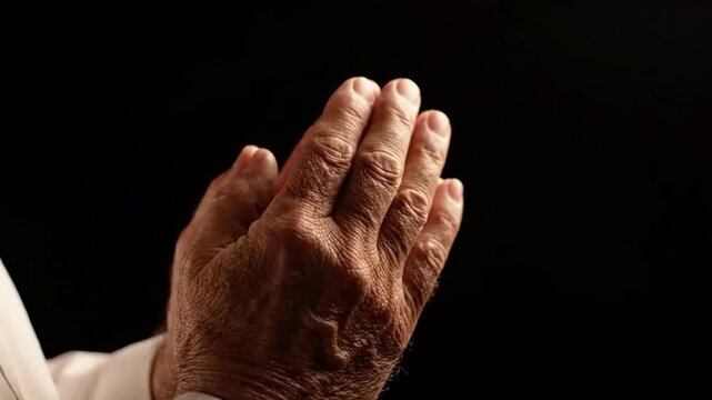 Elderly Hands Joined In A Devout Gesture Of Prayer Against A Dark Background With Warm Lighting