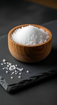 Coarse White Sea Salt Crystals in Wooden Bowl on Dark Slate Surface