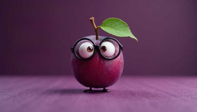 Funny apple character wears glasses. Cute fruit has googly eyes and stem with leaf. It stands on purple background. Whimsical character art.