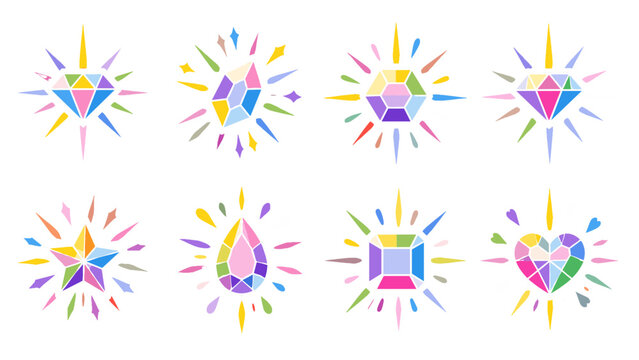 Colorful gemstone icon set with radiant geometric jewel shapes