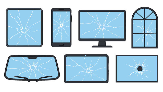 Set of cracked glass screens and broken window vector icons