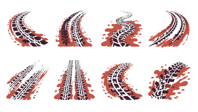 Set of grunge tire track marks with mud splatter elements