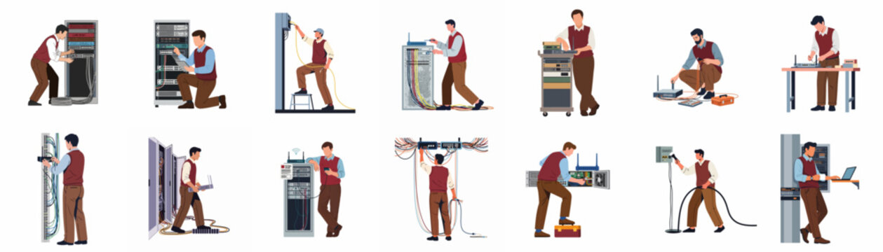 Professional IT support technicians installing, maintaining, and repairing network servers and equipment in various scenarios, set of flat vector illustrations.