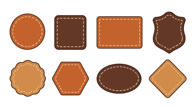Set of stitched leather label shapes in brown and tan