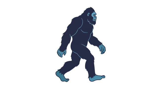 A dark blue, hairy humanoid figure walks to the right against a white background