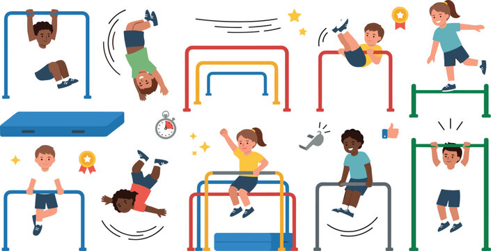 Kids Gymnastics and Physical Education Vector Set Featuring Children Exercising on Horizontal and Parallel Bars, Mats, and Medals for Sports Designs