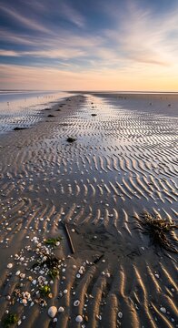 Rippled Sandy Beach Exposed at Low Tide Under Dramatic Sunset Sky