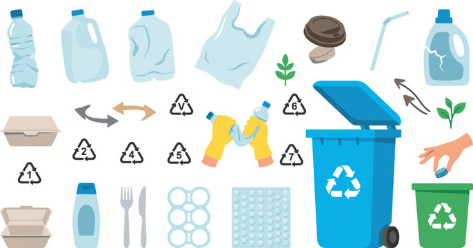 Plastic Waste Sorting and Recycling Code Vector Set Featuring Inflatable Bottles, Recycling Bins, Disposal Symbols, and Environmental Management Elements for Eco Designs