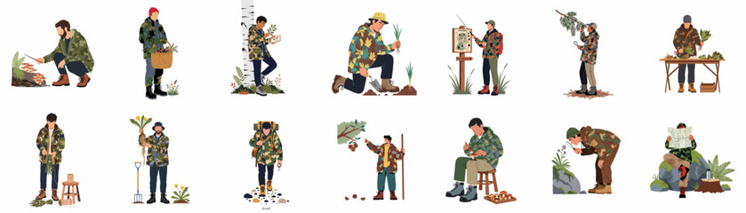Vector illustration set of diverse people foraging for wild mushrooms, berries, and medicinal plants in the forest, featuring camouflage gear and outdoor equipment. © Cristina