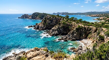 Obraz premium Rocky Mediterranean Coastline Overlooking Turquoise Sea and Sunny Coastal Bay