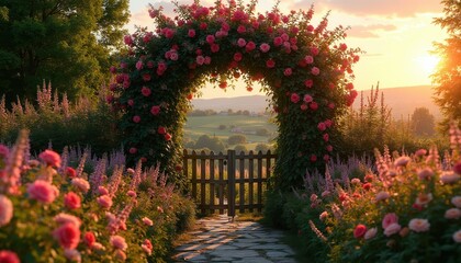 Fototapeta premium Garden archway covered with pink roses and wildflowers leads to open gate. Soft sunset light illuminates rolling hills. Stone path winds through blooming flowers.