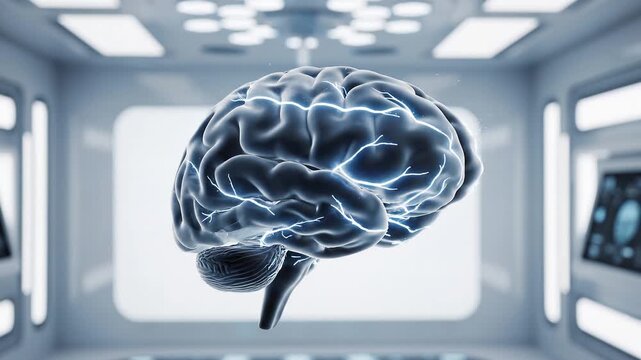 Glowing digital brain in futuristic medical technology laboratory
