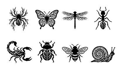 Ornate Insect Vector Icons: Spider, Butterfly, Dragonfly, Ant, Scorpion, Beetle, Bee, Snail © Mobarok
