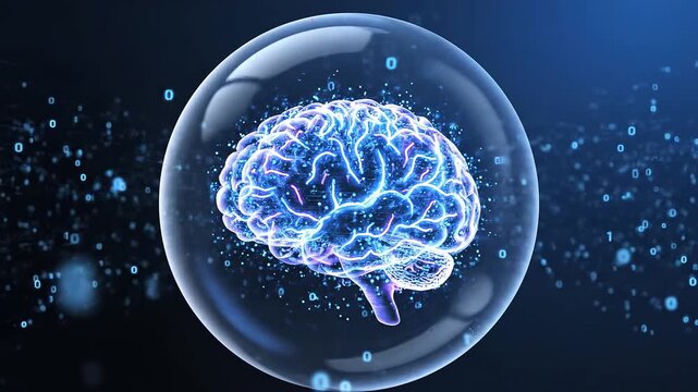 Glowing AI brain inside protective sphere with digital binary data