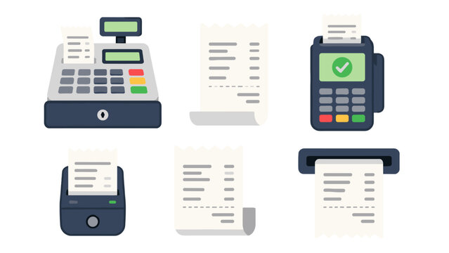 Set of cash register, receipt and payment terminal vector icons