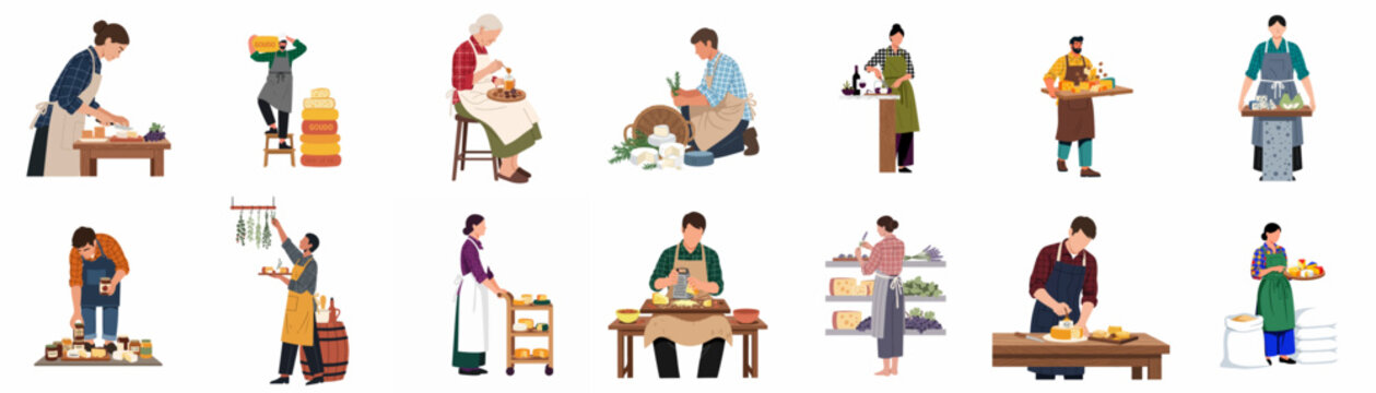 Collection of flat vector illustrations depicting people engaged in various stages of artisan cheese production, preparation, and gourmet serving processes.