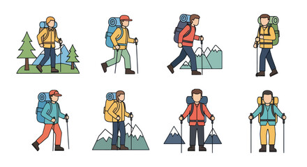 Fototapeta premium Group of hikers with backpacks trekking through mountains and forest, adventure travel outdoor activity and exploration, camping equipment, nature scenery, trekking route