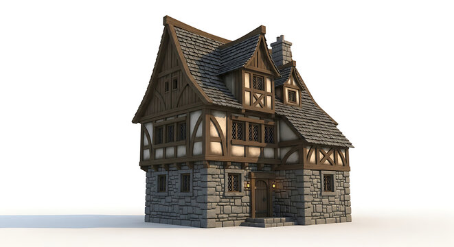 Tudor-style half-timbered cottage house model isolated on a transparent background, half-timbered house