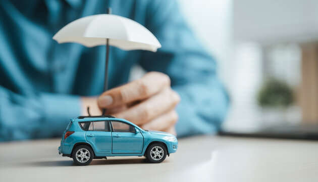 Close-up of a miniature car protected by an umbrella, symbolizing vehicle insurance, financial security, risk management, and coverage protection.