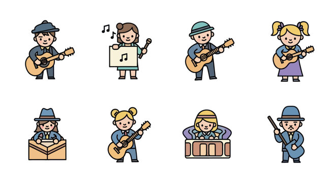 Children Performing Music Band with Instruments and Microphone, Kids Singing and Playing Guitar for School or Event Flashmob