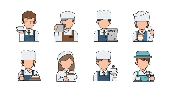 Colorful cartoon barista and chef illustrations, coffee brewing, serving drinks, food preparation, kitchen teamwork, hospitality staff, breakfast service, cafe staff, beverage making