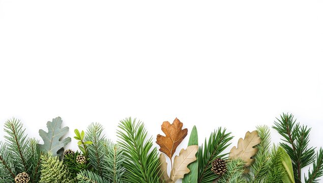 Natural winter border with pine branches and oak leaves on white