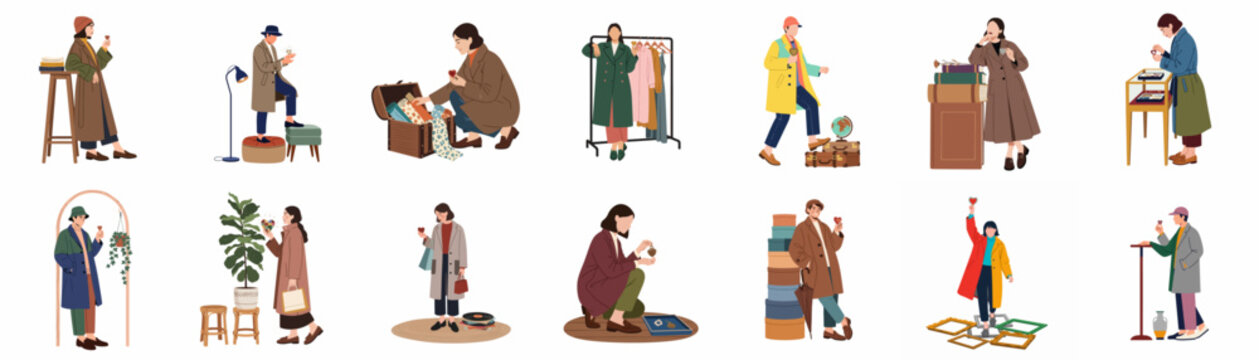 Flat illustration set of people wearing stylish autumn coats, exploring antique shops, looking for vintage treasures, fabrics, and collectibles in a minimalist style.