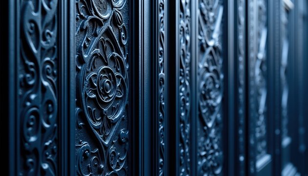 Close up shot of ornate dark blue metalwork. Intricate patterns of floral scrolls and geometric shapes adorn vertical panels. Textured surface adds depth to repeating motif.