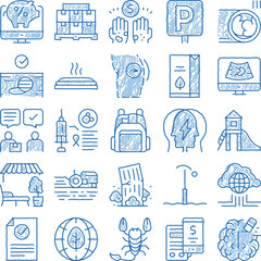Fototapeta premium Hand drawn blue doodle style illustrations depicting a diverse array of concepts including finance, business, medicine, nature, technology, and education