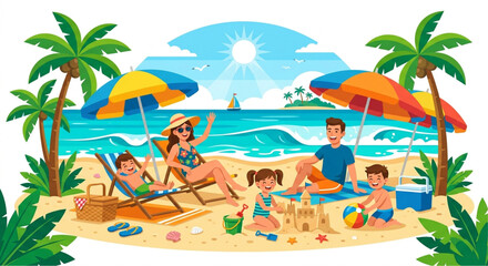 Obraz premium Beach vacation, family fun, summer illustration, tropical getaway, vector