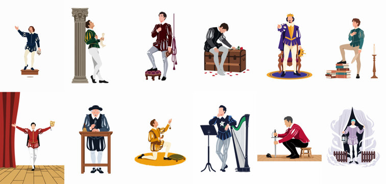 Vector illustrations set of theatrical male characters in Renaissance and Shakespearean costumes, depicting various scenes and emotions for drama and literature themes.