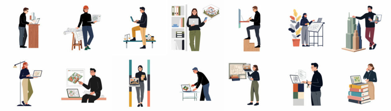 Collection of Architectural Professional Characters Working on Building Designs, Blueprints, and Interior Projects in Flat Illustration Style.