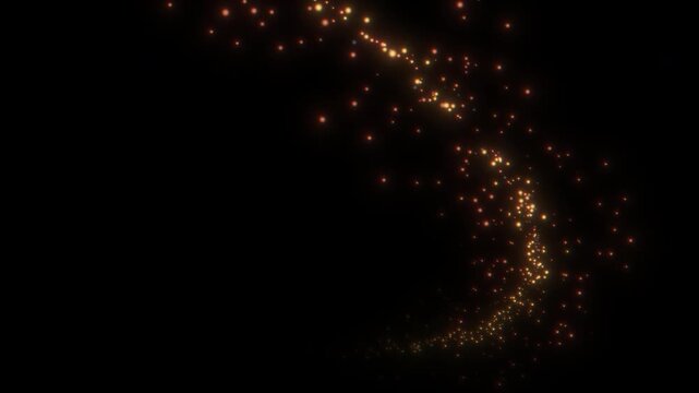 オレンジ色のキラキラした流れ星のような光がパーティクルと共に飛んでいく,発光,グリッター,ワイプ,アルファチャンネル,透過,A sparkling orange light resembling a shooting star flies across the screen accompanied by particles; glow, glitter, wipe