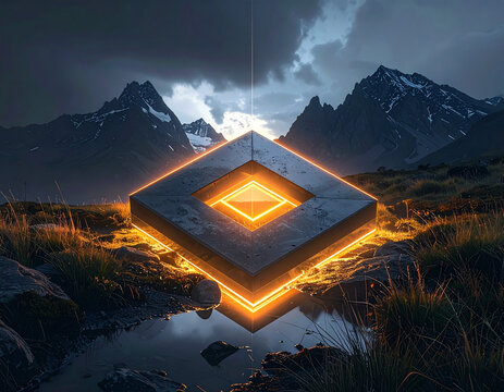 Geometric glowing cube structure in dramatic mountain landscape
