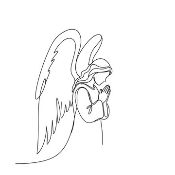 Minimal Line Art Angel Praying on White Background