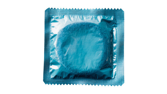 Blue condom in sealed foil wrapper