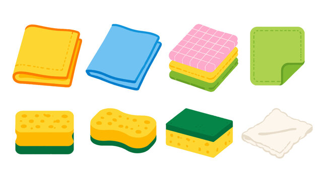 Colorful cleaning cloth and sponge set cartoon vector icons