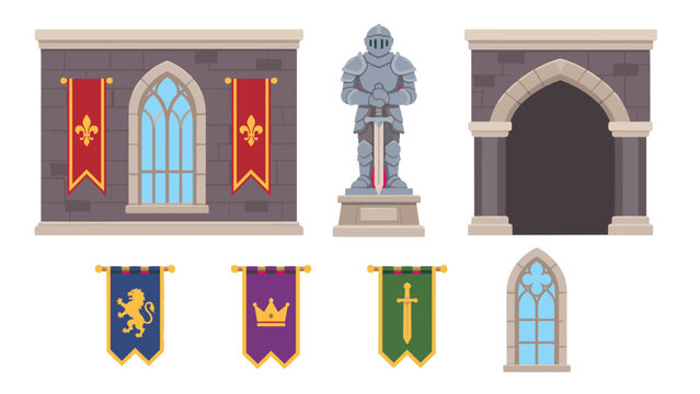 Medieval castle elements set with banners, archway, knight and window