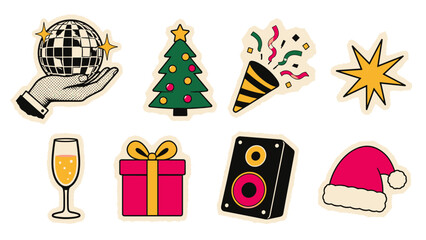 Obraz premium Festive sticker set with holiday and celebration pop art icons