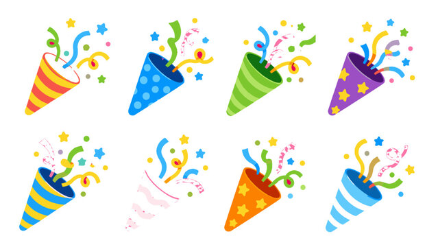 Colorful party popper set with confetti and streamers