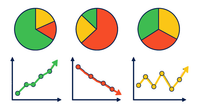 Set of colorful pie charts and line graphs on white background