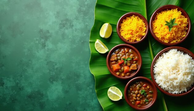 Indian food sadhya served on banana leaf with rice and curries. Lime slices add fresh zest to traditional Kerala cuisine. Festive meal celebrates harvest season.