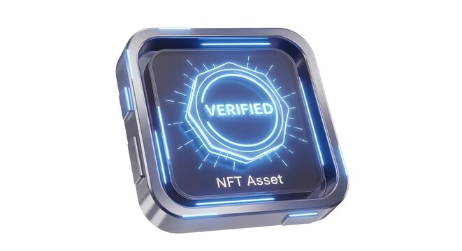 Digital NFT asset verified on futuristic glowing screen with neon blue light