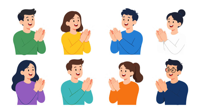 Set of smiling people clapping in colorful flat vector style