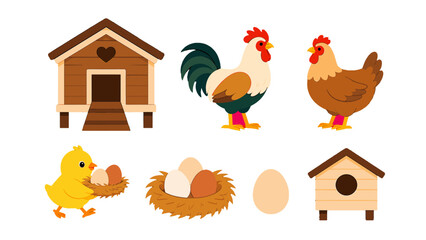 Chicken coop, rooster, hen, chick, eggs and nest vector set © Alan