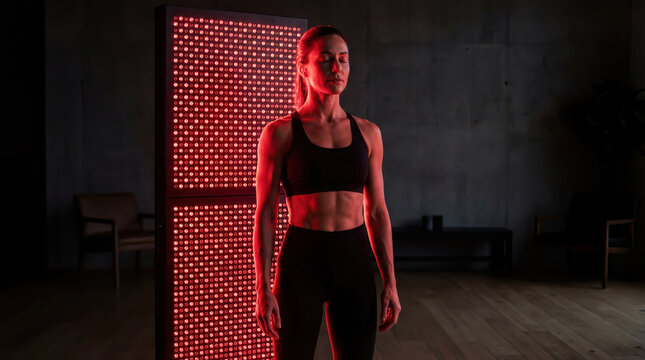 Fit woman standing before red light therapy panel for skin rejuvenation, muscle recovery, and energy optimization.