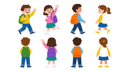 Plakat Cartoon school children with backpacks in front side and back views
